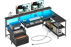 Seventable L Shaped Desk with File Drawers, 64" Home Office Desk with Power Outlet & LED Lights, Reversible Gaming Desk with Printer Storage Shelves, Corner Computer Desk with Monitor Stands, Black