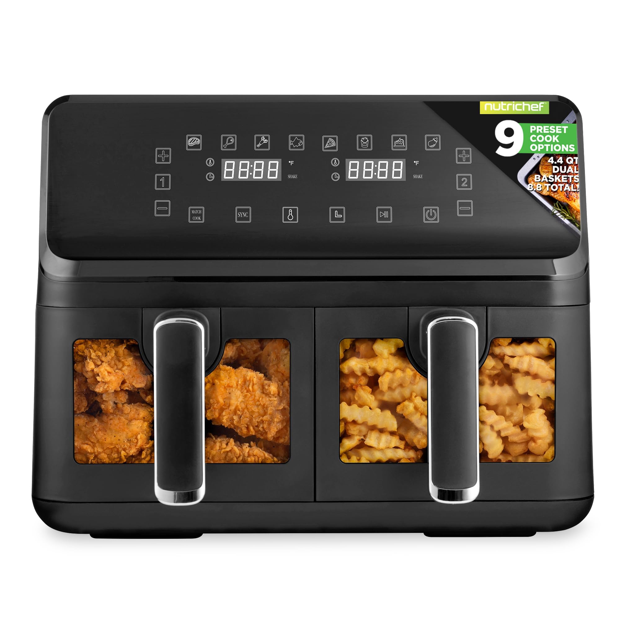 NutriChef Airfryer & Grill – 4 QT Airfryer 1.2 QT Grill, 7 Kookmodi, Transparante Kom, Voor Garnalen, Steaks, Frites & Meer – Compact & Krachtig – Zwart