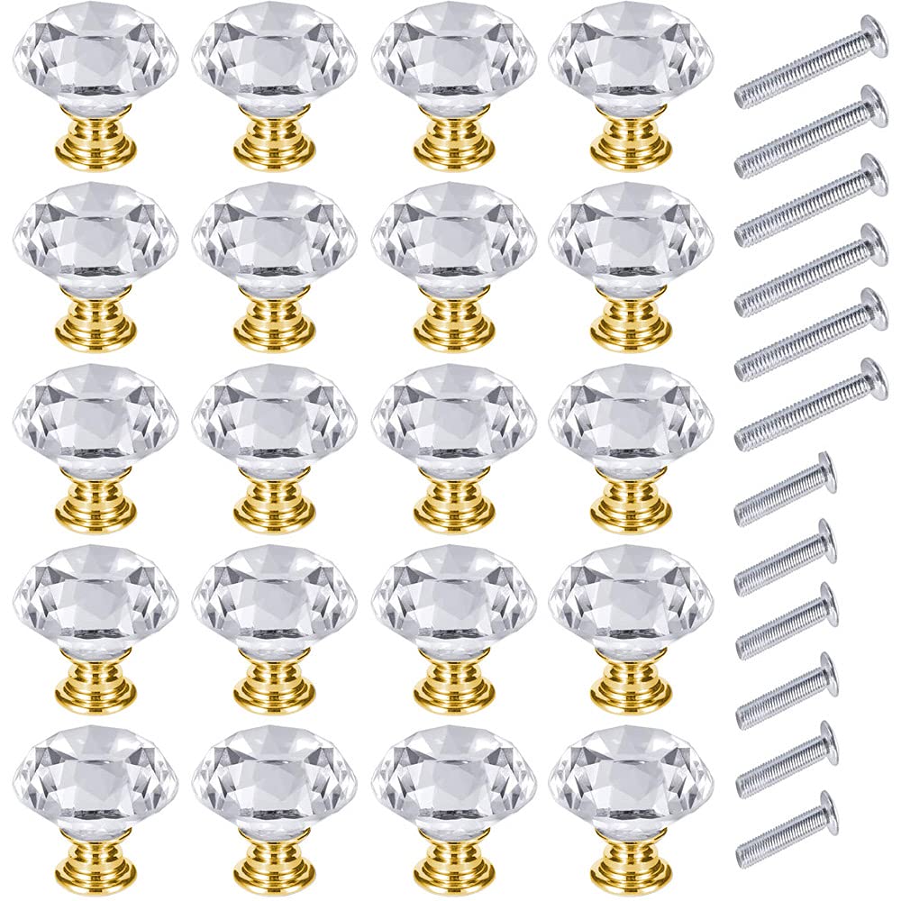 InFreesh 20Pcs Crystal Door Knobs 30mm Glass Drawer Knobs Crystal Door Handles Diamond Pulls with Screws for Home Kitchen Office Chest Cabinet Drawer Decorating (20 Gold)