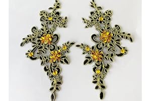 Zbroh Fine Lace Fabric Patches Embroidered Rhinestones Trim Applique Decor Dress Decoration sew on Sequins Beads Accessory one Pair (Black+Gold)