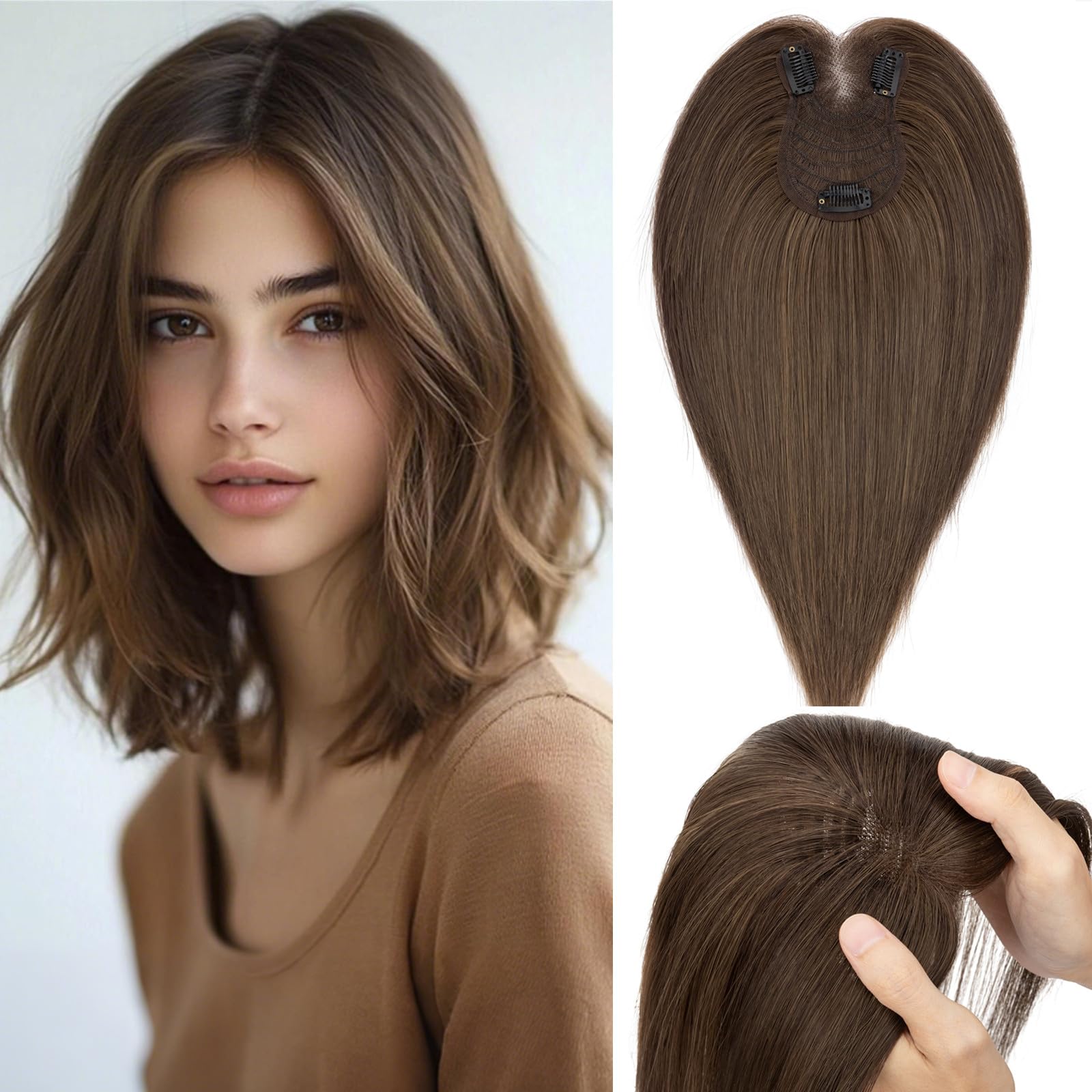 Photo 1 of Rich Choices Hair Toppers for Women Real Human Hair Remy Hairs Toppers No Bang Hairpieces for Women with Thinning Hairs Crown Wispy Clip in Topper 14 Inch #2 Dark Brown