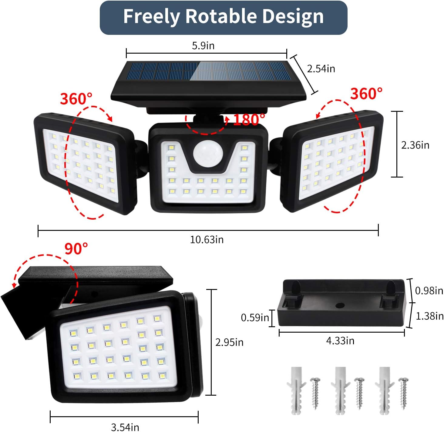 Solar Lights Outdoor with Motion Sensor, 3 Heads Security Lights Solar Powered, 70 LED Flood Light Motion Detected Spotlight for Garage Yard Entryways Patio, IP65 Waterproof 2 Pack - - 
