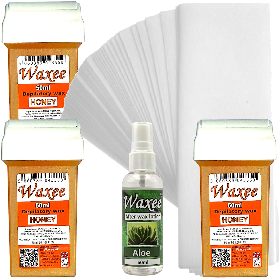 Waxee compatible for Veet Easy Wax 50ml roll on wax replacement roller wax cartridge HONEY (3 x 50ml roll-on + 25 strips+ after wax lotion)