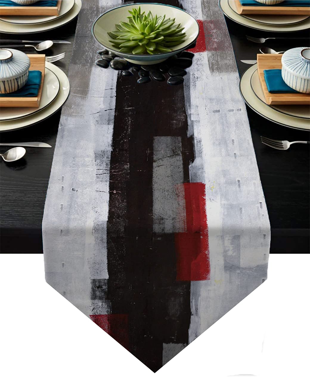 AILUER Red and Black Table Runner,Teal Abstract Modern Art Burlap Table Runners for Table Dresser Runner Farmhouse Style for Dinner Party Holidays Home Decoration (Red and Black, 13''x 91'') — image 1