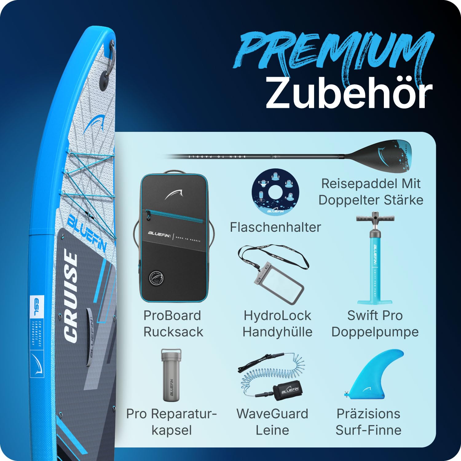 Bluefin Cruise 10'8 Blau aufblasbares Paddleboard | Premium-SUP-Paket & Zubehör | Rutschfestes Deckpad & leicht | 6' Dickes Allround-SUP-Paddleboard | Stand-up-Board für Erwachsene & Jugendliche 8