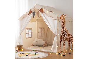 besrey Kids Tent, 2 in 1 Play Tents with Padded Mat and Lights, Large Playhouse for Kids with 2 Doors & 4 Windows, Kids Play 