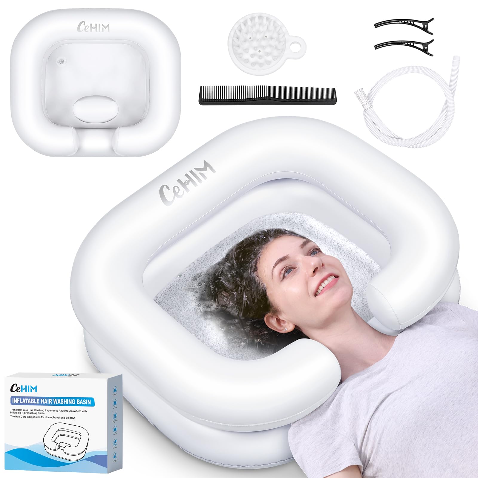 Photo 1 of Cehim Inflatable Shampoo Basin - Portable Shampoo Bowl, Hair Washing Basin for Bedridden, Disabled,Injured, Hair Wash Tub for Dreadlocks and at Home Sink Washing (White)
