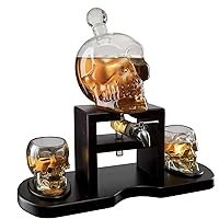 Skull Whiskey 750mL Decanter Set With 2 Skull 3oz Glasses and mahogany Wooden Base The Wine Savant With Spigot