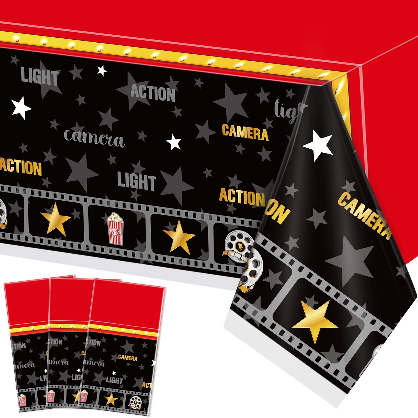 Photo 1 of 3 Pieces Movie Night Tablecloth Party Decorations Plastic Table Covers Movie Theater Table Cloth for Red Carpet Theme Birthday Party Supplies, 51 x 87 Inch