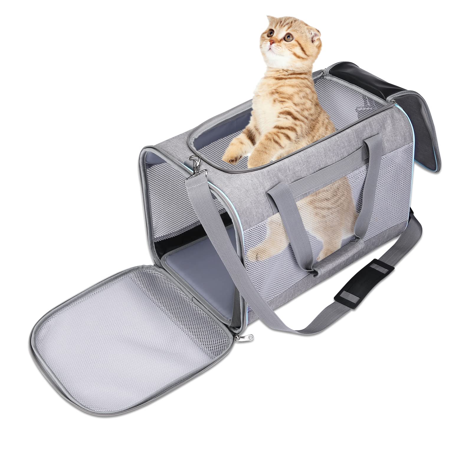 PETCUTE Pet Carrier Bag,Soft Sided Cat Carrier For Puppy Dogs Cats,Foldable and Breathable Pet Travel Carrier with Self-lock Zippers,Dog Travel Bag with Removable Fleece Mat,Airline Approved