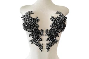 XZG.beatal Handmade Shining Rhinestones lace Applique Patches Sewing Beads Sequins Stone Trim Accessories for Wedding Dress 1 Pair/Bag 11X4.3inches (Black)