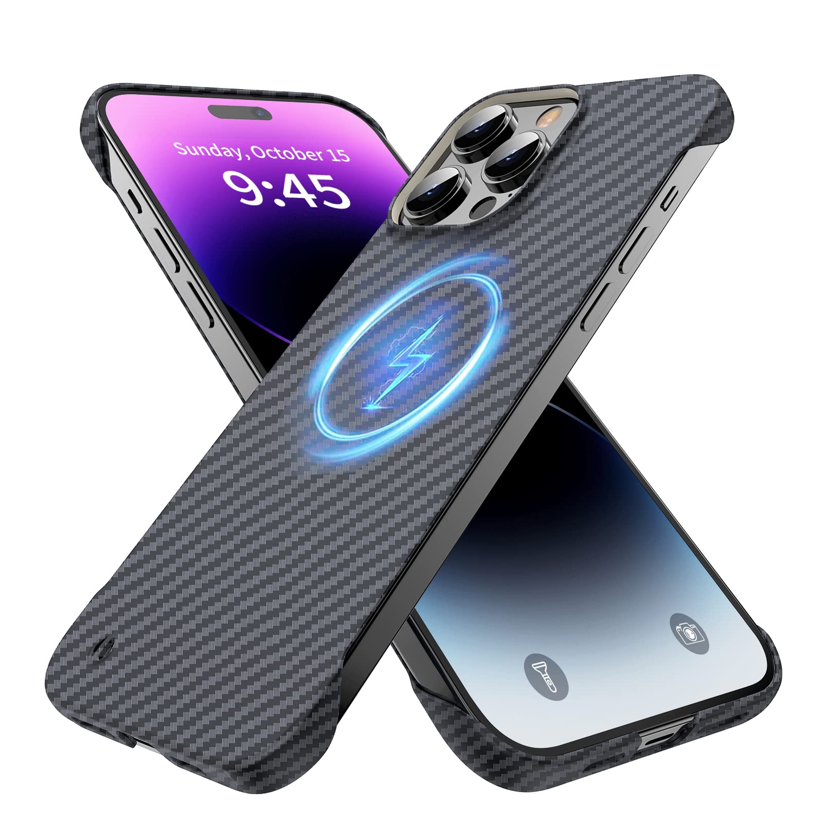 Photo 1 of GRECAZO Magnetic Ultra-Thin Frosted Soft Touch Skin Borderless Carbon Fiber Bump Texture for iPhone 13 Pro Max Case 6.7" Slim Minimalist Lightweight Frameless Matte Hard for MagSafe Cover Case-Black