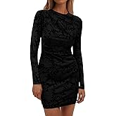 PRETTYGARDEN Women's Fall Bodycon Dresses 2026 Sexy Long Sleeve Ruched Lace Floral Mini Party Dress Tight Club Outfits