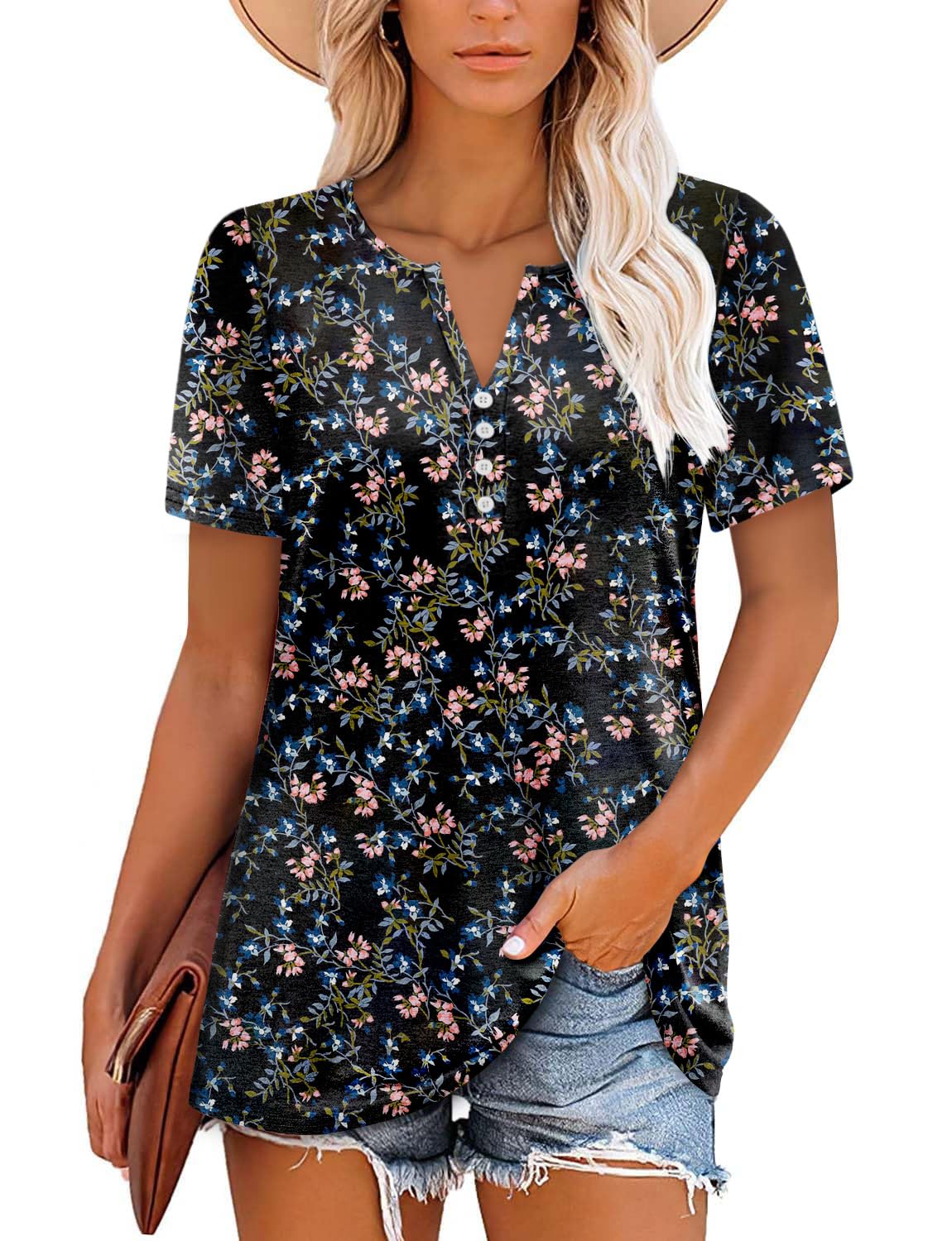 Photo 1 of ONLYSHE Short Sleeve T Shirt for Women Casual Tops V Neck Summer Blouse Dark Blue Flower Tunic XL
