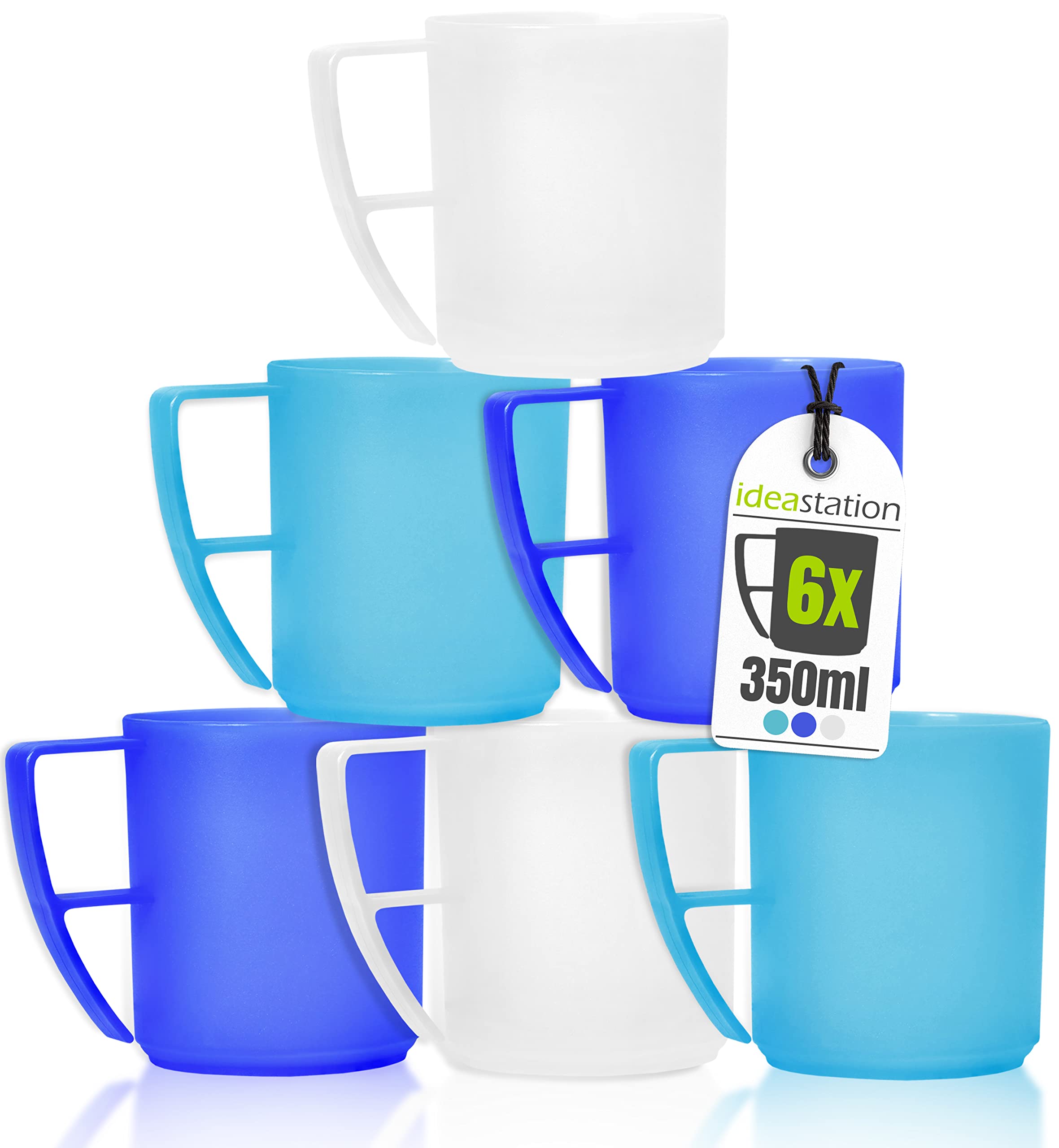 idea-station NEO Plastic Mugs 6 x 350 ml - ice-Edition - Reusable Camping Mug, Travel Cup - Perfect for Hot and Cold Drinks, Coffee and Tea - Suitable for Elderly - Dishwasher Safe