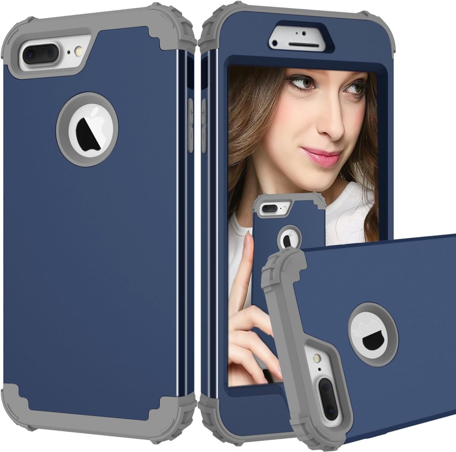 iPhone 7 Plus Case, MCUK 3 in 1 Hybrid Best Impact Defender Cover Silicone Rubber Skin Hard Combo Bumper with Scratch-Resistant Case for Apple iPhone 7 Plus (2016) (Navy Blue+Gray)