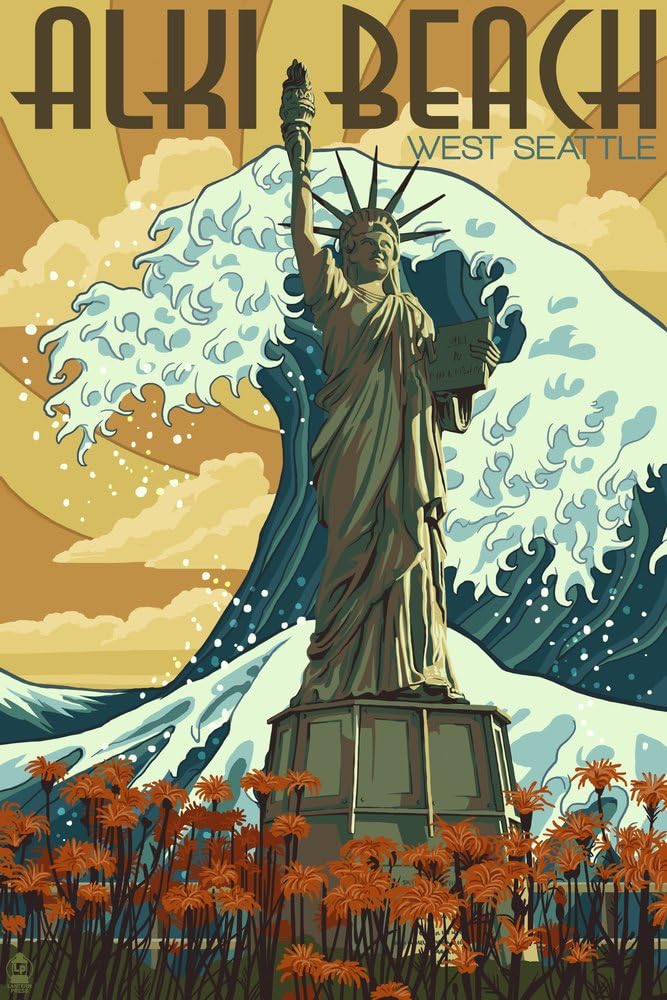 Alki Beach, West Seattle, Washington - Lady Liberty Statue (12x18 Fine Art Print, Home Wall Decor Artwork Poster)