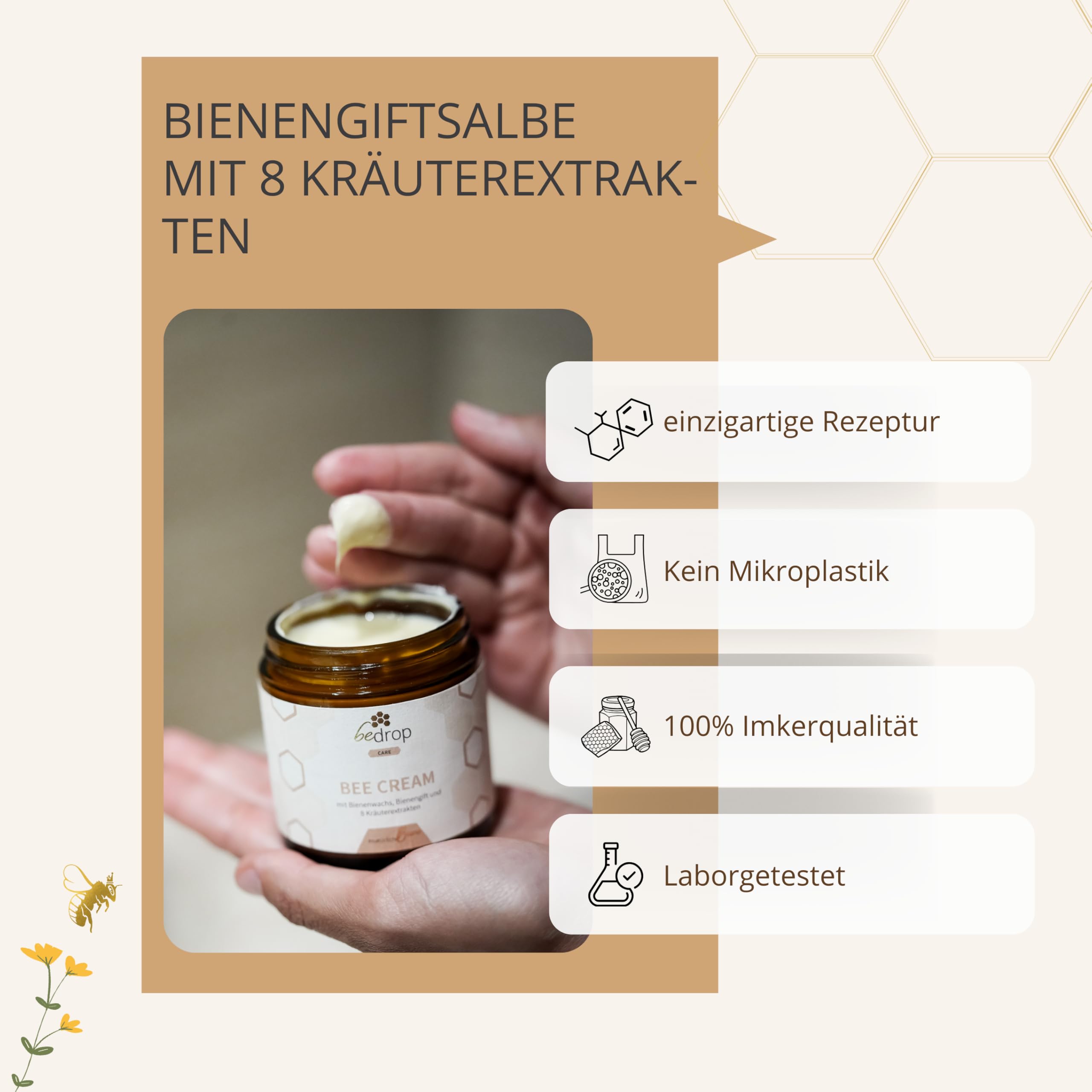 bedrop Bee Cream Bienengiftsalbe hochdosiert (kühlend & wärmend) - Bienengiftcreme mit Bienenwachs & 8 Kräuterextrakten u.a. Aloe Vera, Ringelblume, Eukalyptus und Rosskastanie (3x 100g Sparset)