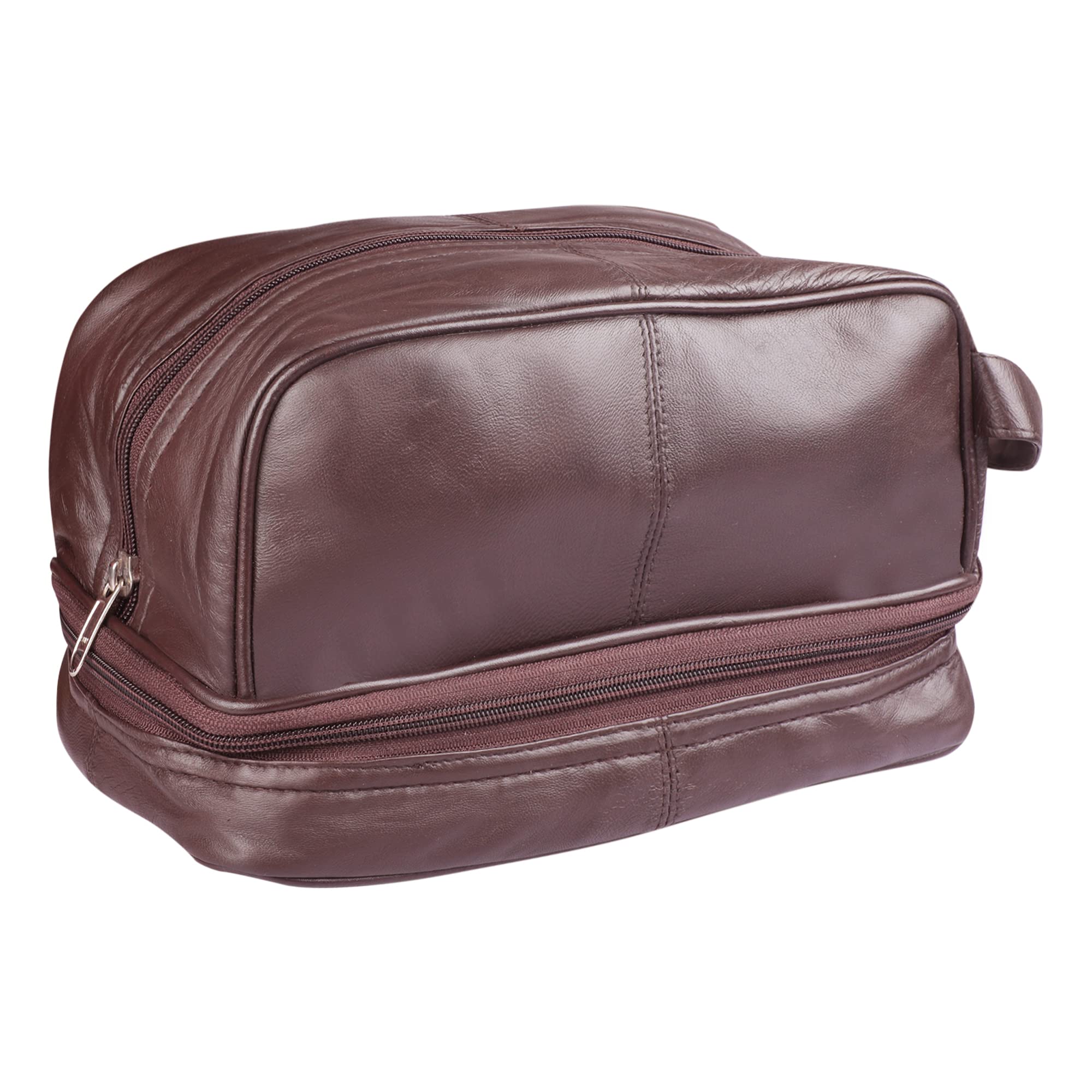 RAS Wallets 3530 Large Genuine Leather Toiletry Bag with Carry Handle for Men and Women, Dark Brown, 16cm x 14cm x 14cm