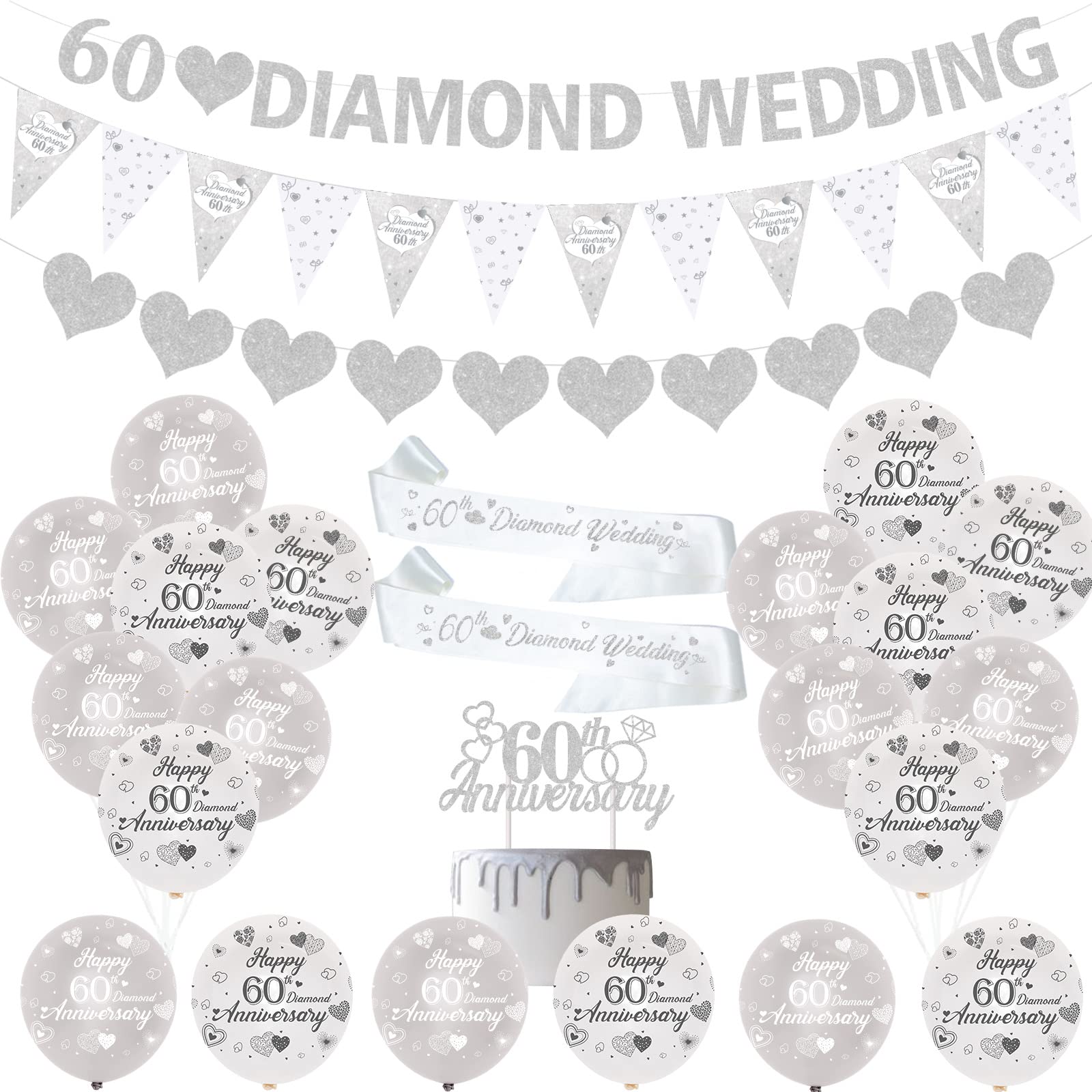 JOYMEMO 60th Wedding Diamond Decorations - Balloons, Banner, Heart Rings, Cake Topper, Satin Sash for Diamond Anniversary Party Supplies