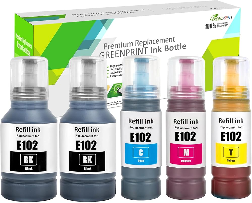 E102 Ink Bottles 5 Pack Black Cyan Magenta Yellow for Epson ET