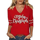 FKQRXO Women's V-Neck 3/4 Sleeve T-Shirt Winter Christmas Valentine's Day St Patrick's Day Graphic Tees Tops