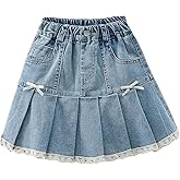BEAUDRM Girl's Y2k Pleated Denim Skirt Bow Knot Lace Trim Casual Elastic Waist A Line Jean Skirts