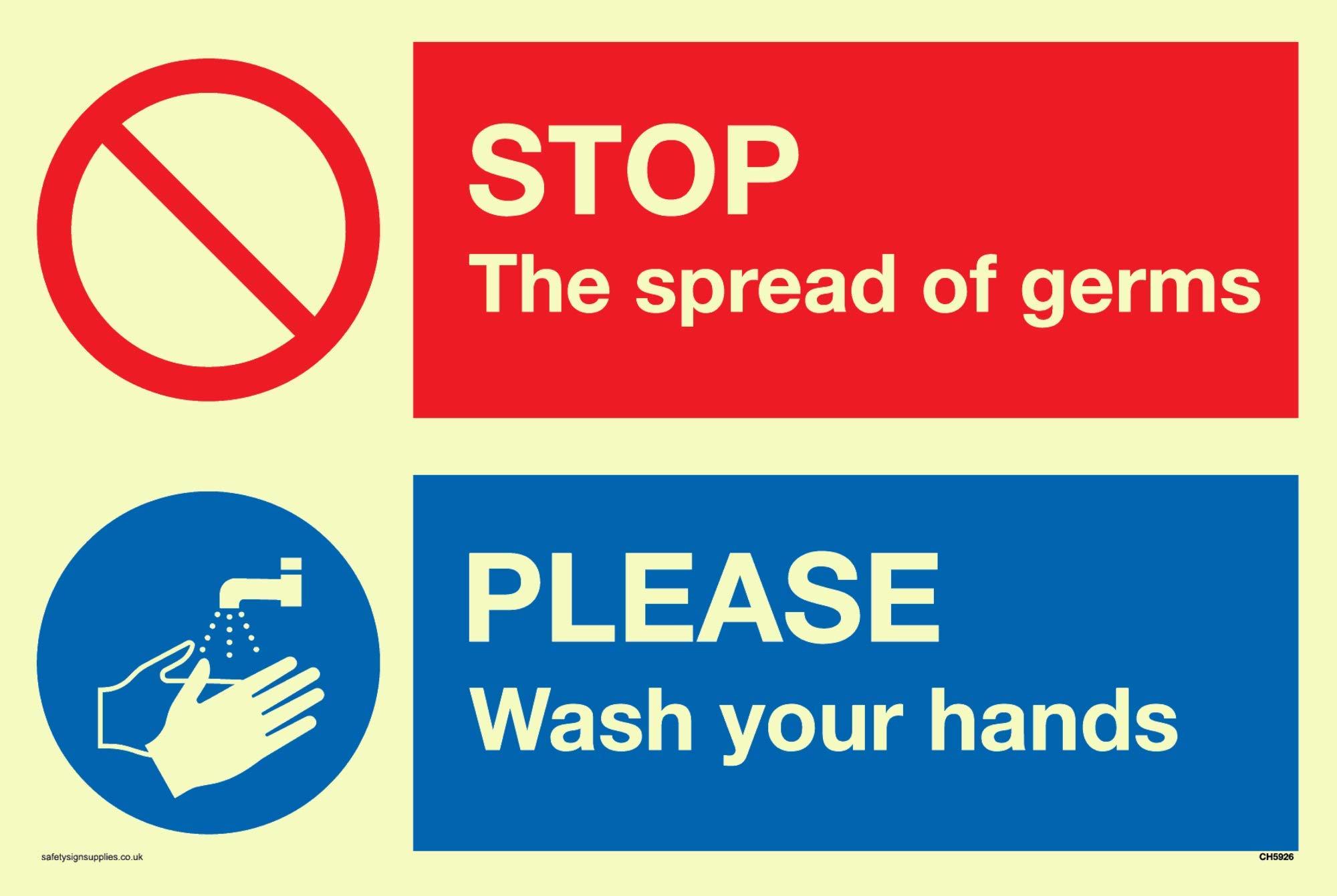 STOP germs PLEASE wash your hands sign - Plastic Semi-rigid Photoluminescent