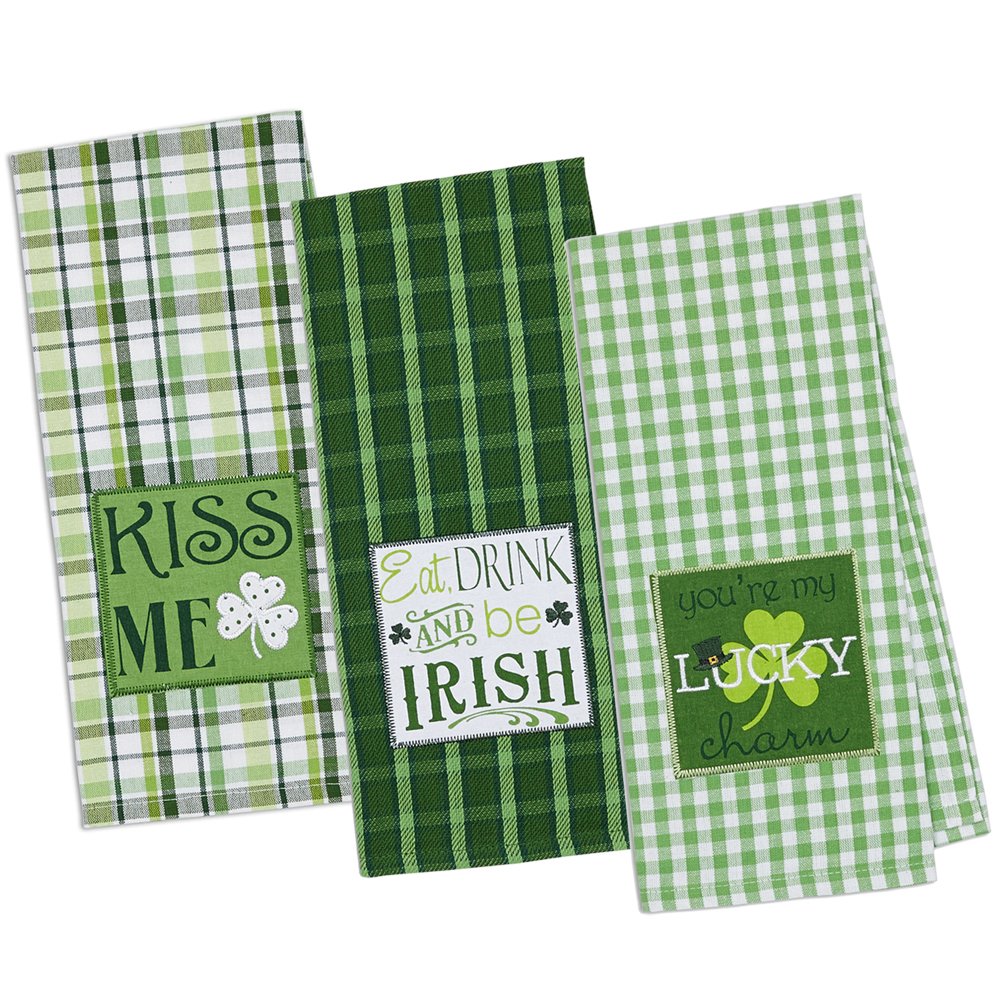 DII 100% Cotton, Machine Washable, Everyday Kitchen Basic, Oversized, Embroidered Dishtowel, 18x28, Set of 3- St Patrick's Day