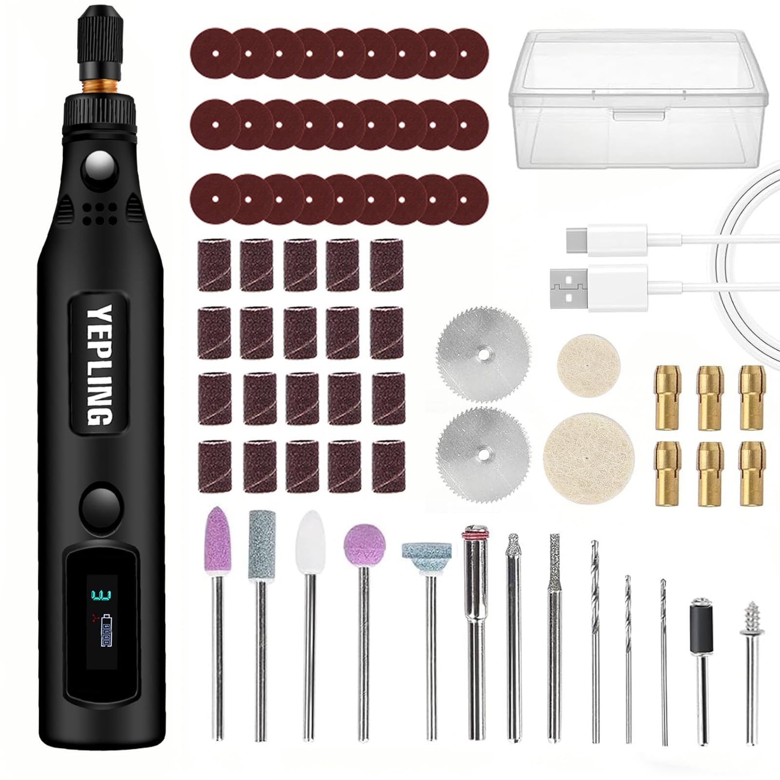 YEPLING Cordless Rotary Tool, 3.7V Li-Ion 3 Speed Electric DIY Mini Polisher Kit with LED Screen, 72 Pieces Accessories USB Cordless Multi-Tool, Great for Light Small DIY Work