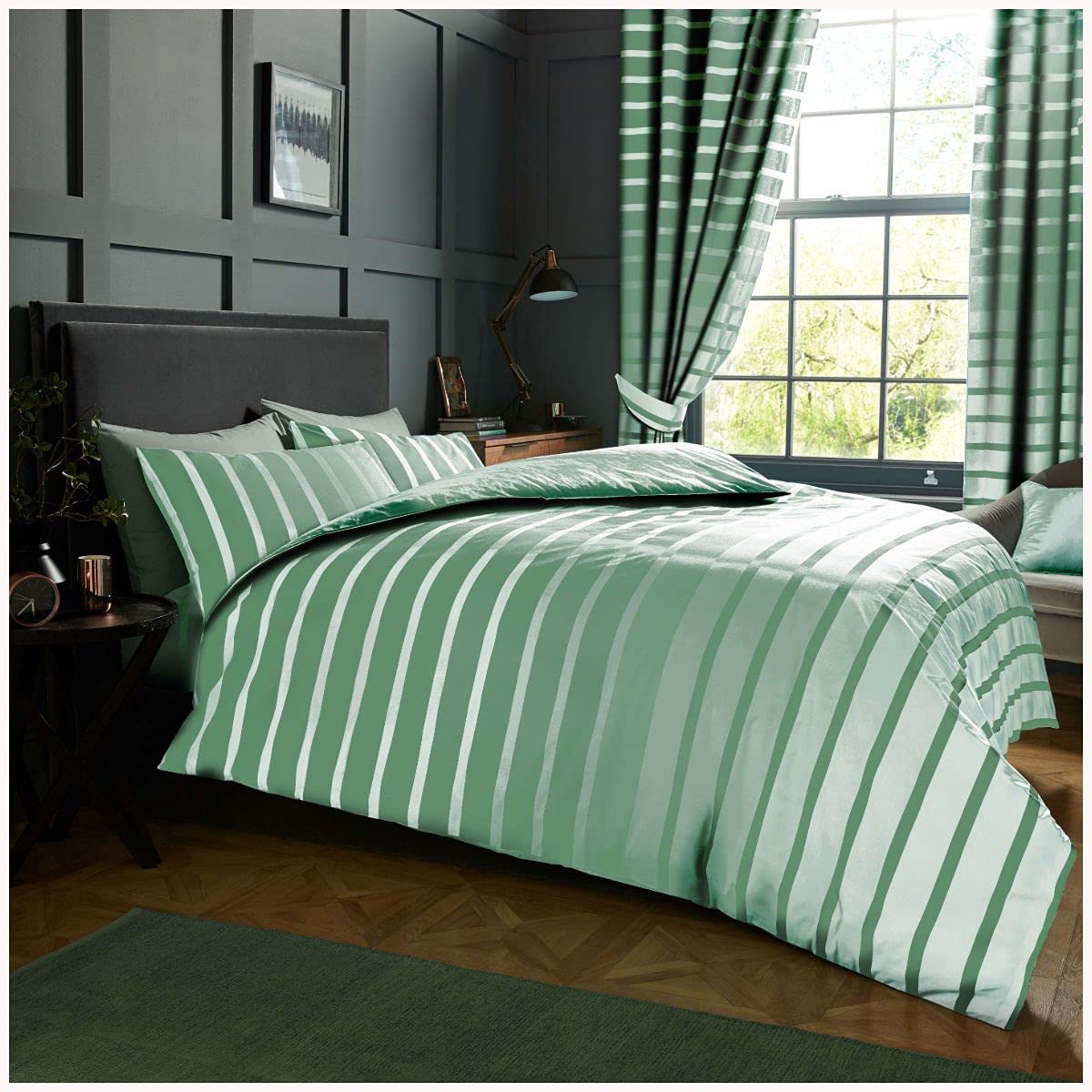 GC GAVENO CAVAILIA Premium Oscar Stripe Duvet Cover, Easy Care Soft & Cosy Reversible Printed Lined Quilt Set Bedding, Polycotton, Duck Egg, Super King