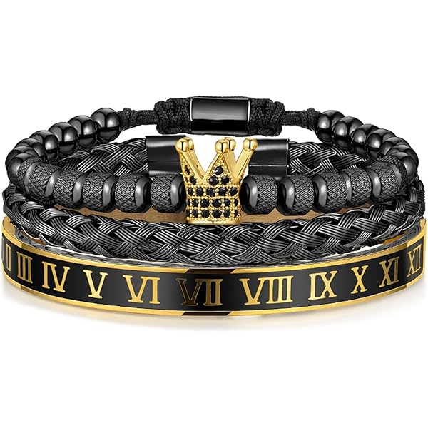 ZNBOH Men's Stainless Steel Bracelet Set - Roman Numeral Bangle With Crown Charm - View #9