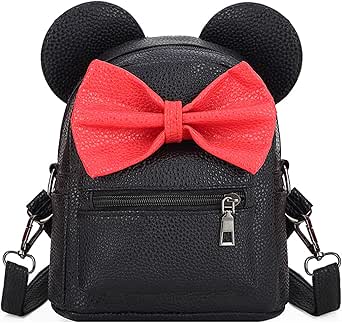 Girls Women Cartoon Mouse Ear Polka-dot Sequin Bow Convertible Backpack Purse Crossbody Bag