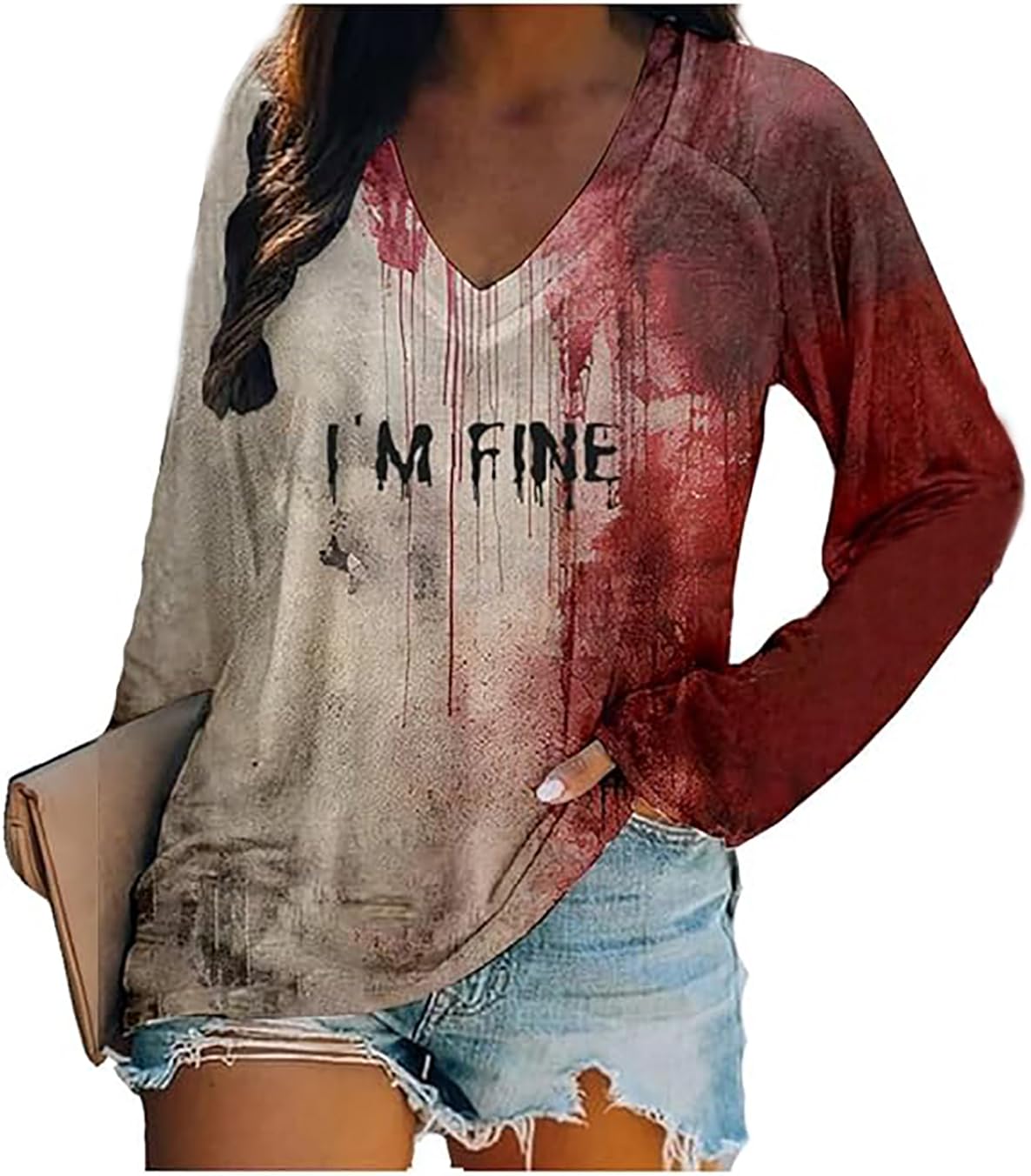 Photo 1 of QIANRUO Women's I'm Fine Bloody T-Shirt Long Sleeve V-Neck Problem Solved Halloween Horror Blood Tee Tops Blouse, Medium