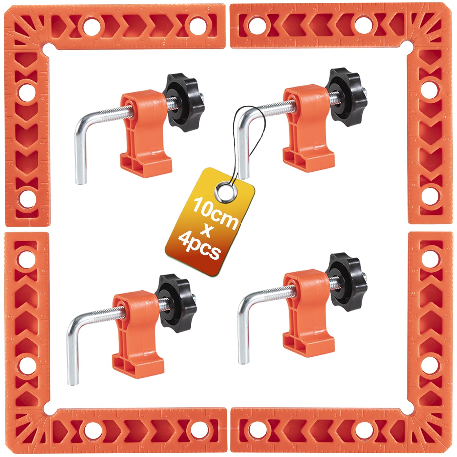 YUENGJGI 90 Degree Angle Clamps Positioning Square Set, Rectangular Clamps Wooden Tool, Suitable for Picture Frames, Cabinets, Boxes, a Set of 4 Pieces (10 cm), with 4 Clamps