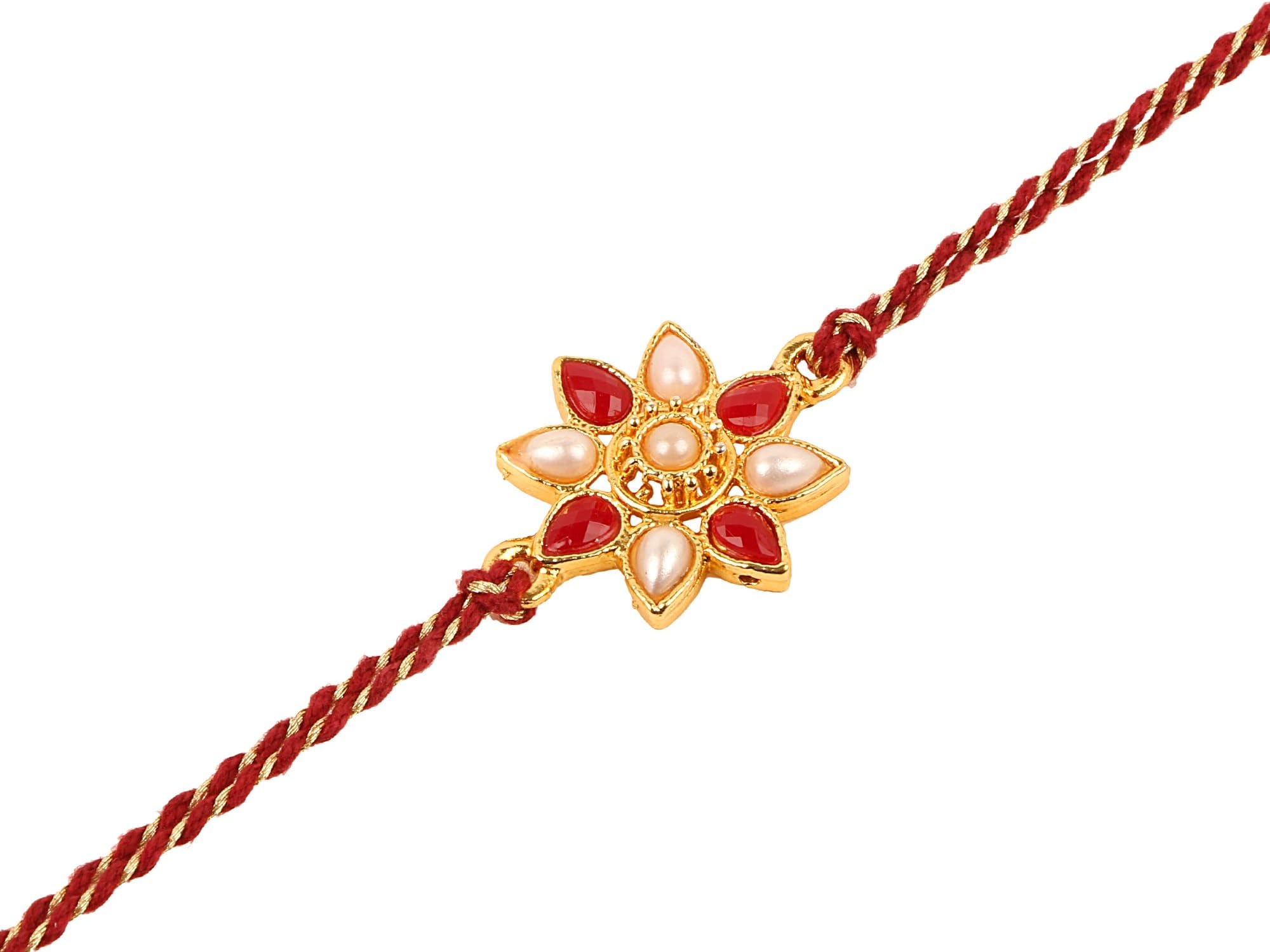 Raksha Bhandan Handmade Rakhi Thread Bracelet with Stone Work Kundan Design Rakhi for Brother Bhaiya