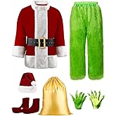 PrettyQueen Christmas Green Santa Claus Costume Funny Santa Suit for Adult Men Cosplay Halloween Costume Outfit