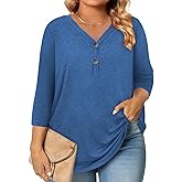 Plus Size Clothes 3/4 Length Sleeve Womens Tops Button Down Shirts Blouses Dressy Casual Loose Tunics L-4XL