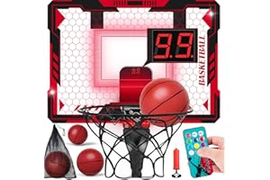 MAYSIDA Remote Control Mini Basketball Hoop Indoor for Kids, Over Door Hoop Basketball with Electronic Scoreboard, Indoor Basketball Hoop with 4 Balls,Storage Clip&Bag,7 LED Light Toy Gift for Boy Girl 3+,Red