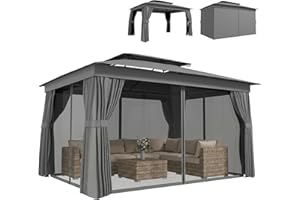 Outsunny 10' x 12.5' Outdoor Gazebo with Curtains and Netting, Double Roof Patio Gazebo Permanent Pavilion Canopy Shelter wit