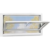 NOTASA Vinyl Basement Hopper Window, Bathroom Window 32" x 14" White | Double Pane Insulated Tempered Glass and Fiberglass Screen, Energy Efficient Replacement Window for Basement, Bathroom