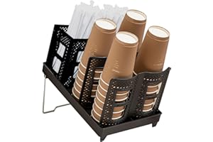 TIRIFER Cup and Lid Holder, Disposable Paper Cup Dispenser with Stand, 6 Slots Coffee Cup and Lid Storage Holder with Straw Organizer for Coffee Station Bar Office Home Countertop Breakroom Restaurant