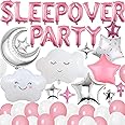 47 Pieces Sleepover Party Decoration Pink Sleepover Birthday Party Balloons Banner Cute Moon Star for Girls Pajamas Slumber Night Out Party Decoration (Pink)
