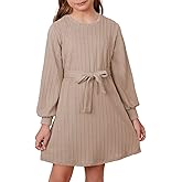 DOKOTOO KIDS Girls Fall Long Sleeve Textured Dress Casual Crewneck Belted A Line Dresses 7-15 Years