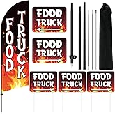 Fanfanwin Food Truck Feather Flagpole Kit Include 7 ft Banner Flag with Poles 5 Pcs Food Truck Sign and 10 Pcs Ground Stake for Outside Business Stores Shops Decoration