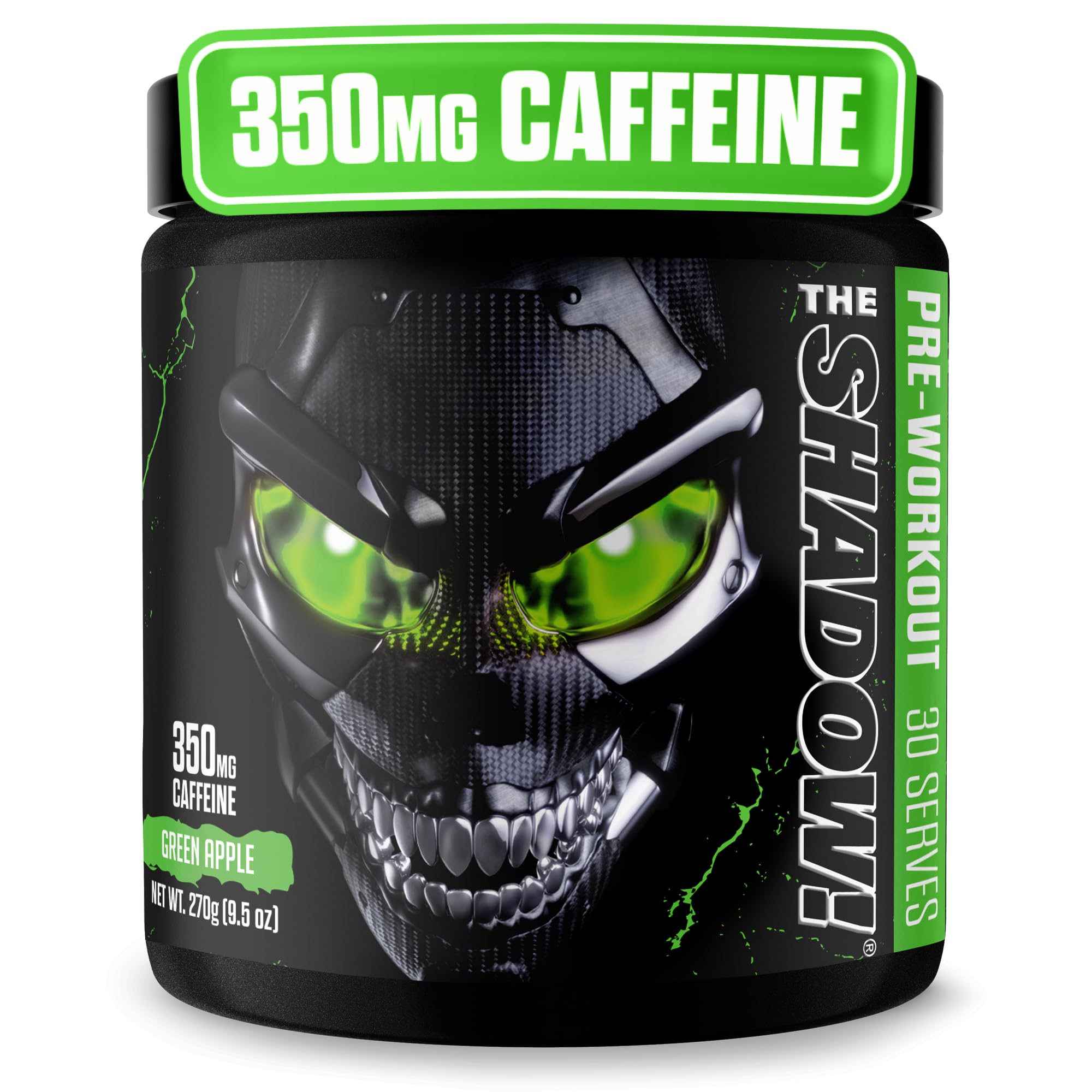 JNX SPORTS The Shadow! 350mg of Caffeine Hard Core Preworkout - Green Apple 30 Servings | Electric Energy, Mental Focus & Superhuman Strength for Men & Women
