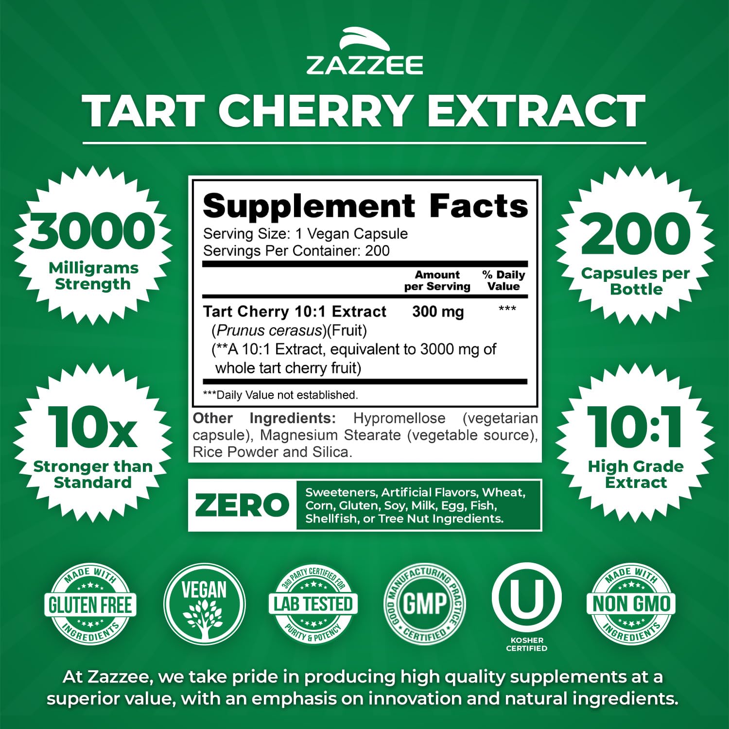 Zazzee Tart Cherry 10:1 Extract, 3000 mg Strength, 200 Vegan Capsules, 6+ Month Supply, Certified Kosher, Concentrated and Standardized 10X Extract, 100% Vegetarian, All-Natural, Gluten Free, Non-GMO