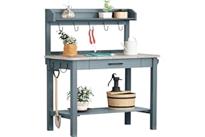 HOLTICO Outdoor Potting Bench Table with Metal Tabletop, Planting Table Potting Work Station with Storage Drawer and Removable Shelf Rack, Garden Potting Table for Outdoors
