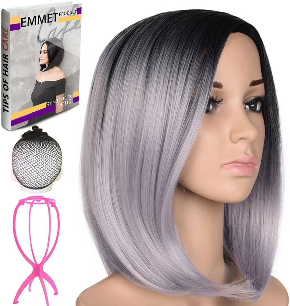 Short Bob Wig 12" Shoulder Length Soft Silk Synthetic Kanekalon Dark Roots