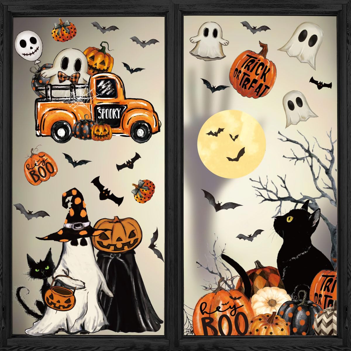 Photo 1 of Horaldaily 40 PCS Halloween Window Cling Sticker, Jack-O-Lantern Pumpkin Truck Gnome Ghost Bats Cat Home Party Supplies Shop Window Glass Display Decoration